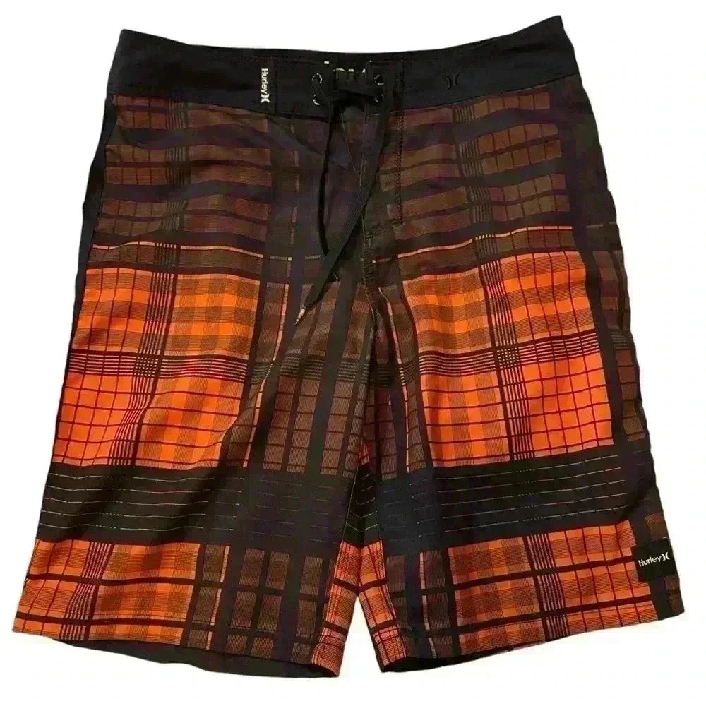 Hurley Men's Black and Orange Plaid Board Shorts (see measurements for size)